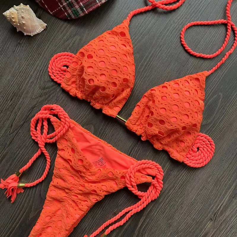 Para Praia Hollow Out Bandage Swimwear Halter Bikini Set Thong Swimsuit Women Biquini Brazilian Bathing Suit Beachwear 8287