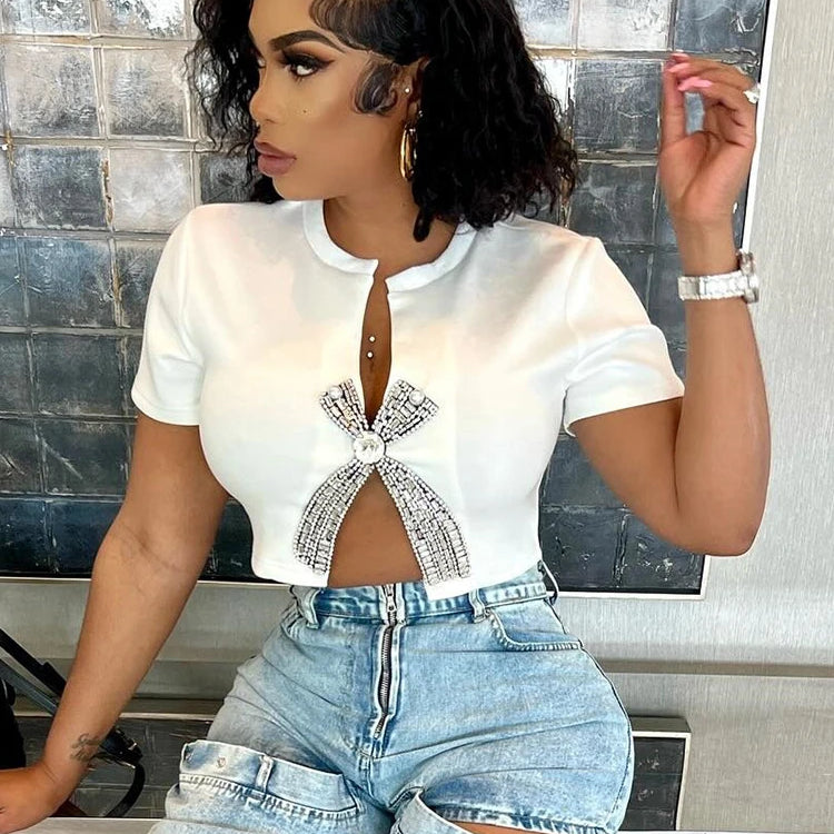 CM.YAYA Women Fashion Diamonds Hot Rhinestones Bowknot Short Sleeve T-shirt Streetwear Elastic INS Tee Tops