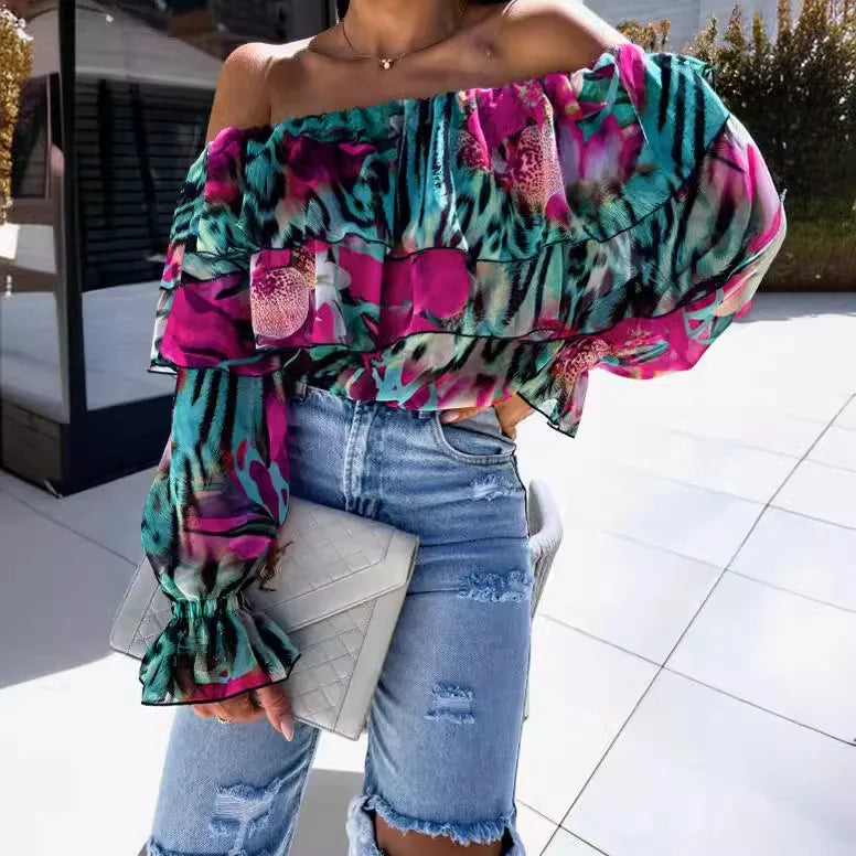 Summer Fashion Off Shoulder Printed Chiffon B LouseWomen Sexy Beach Style Slash Neck Ruffle Chiffon Blouse Women