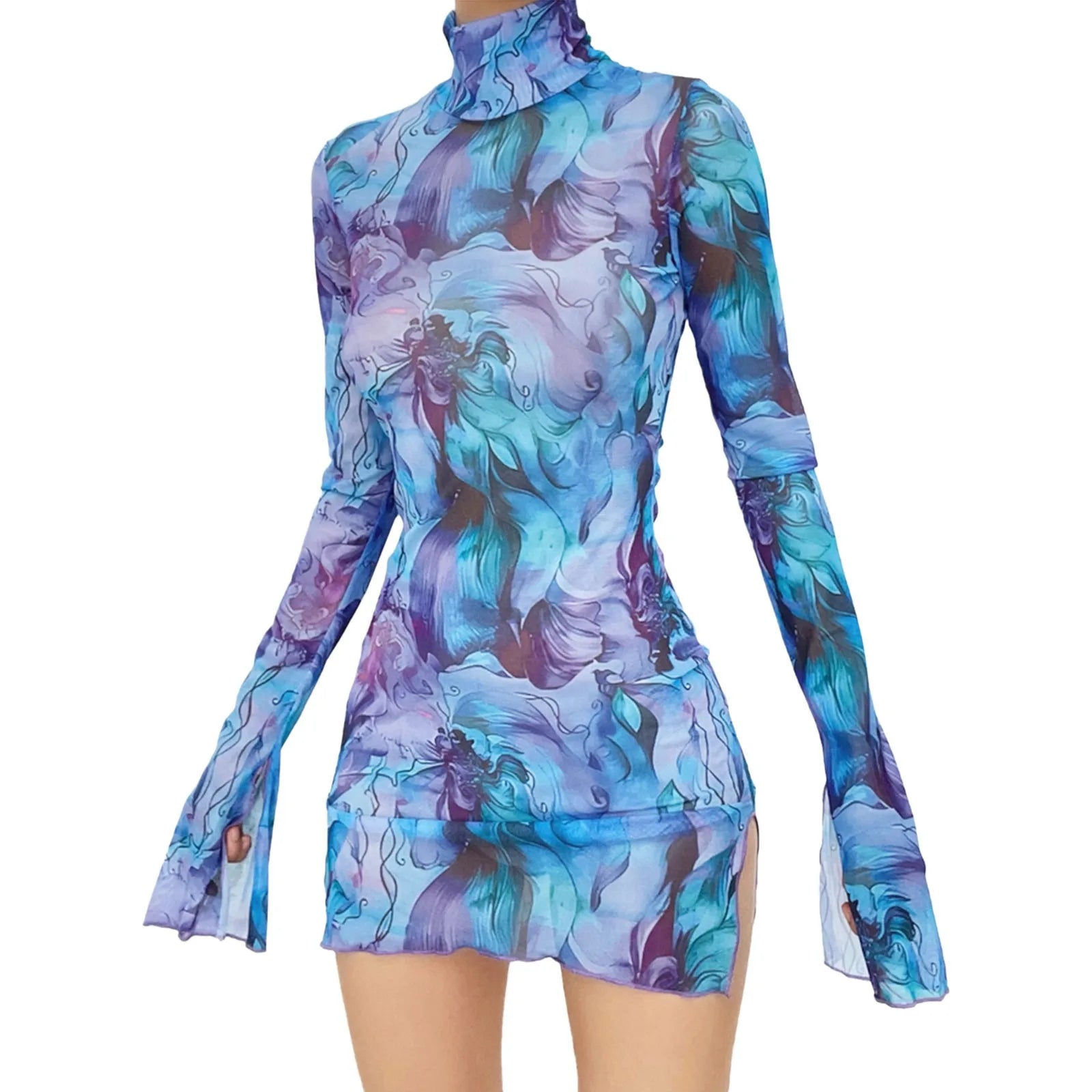 Women'S Dresses Free Shipping Ladies Mesh Printed Round Neck Bell Sleeve Side Open Hip Dress Sexy Stretch Slim Mini Skirt Y2k Purple CHINA