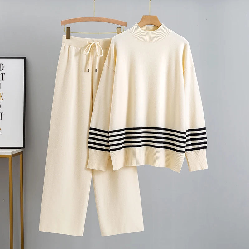 GIGOGOU Euro Designer Autumn Winter Women Sweater Tracksuit 2 piece Set Oversized Ladys Knitwear + Wide Leg Pants Warm Suits color 3 One Size