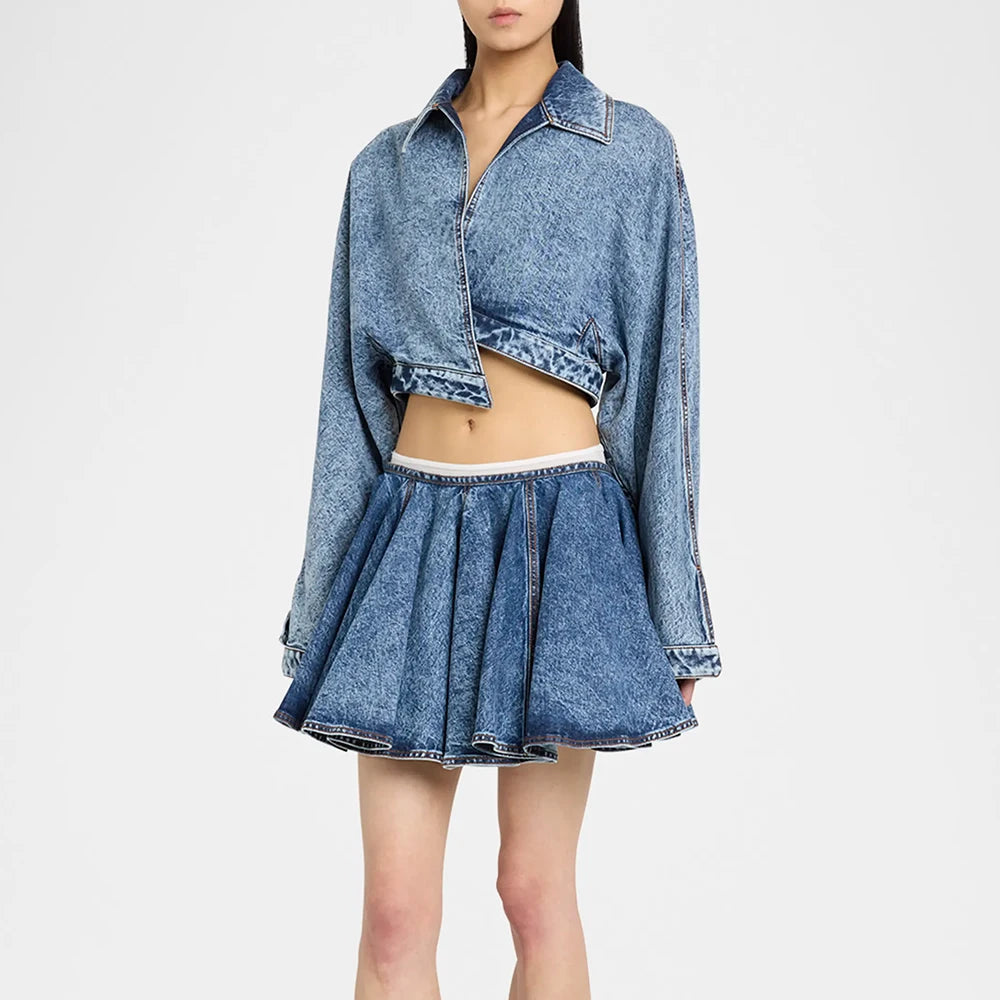 TWOTWINSTYLE Cowboy Sslimming Two Piece Sets for Women Lapel Long Sleeves Top High Waist Spliced Folds Skirts Set Female Fashion