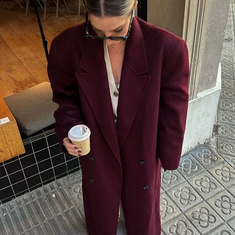 Fashion Burgundy Red Double Breasted Oversized Overcoat Women Casual Lapel Pockets Long Sleeve Coats Female High Streetwear