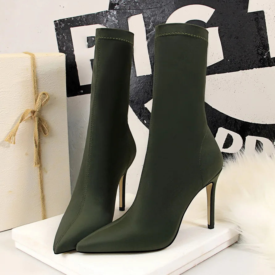 Women 7.5cm 10cm High Heels Silk Sock Boots Green Low Heels Short Ankle Boots Lady Stripper Winter Pointed Toe Satin Sexy Shoes Green-10cm