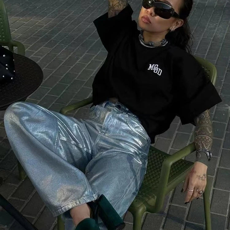 American Silver High Waist Wide Leg Jeans For Women Summer Chic Metallic Shiny Straight Baggy Denim Pants All-match Trouser Light blue