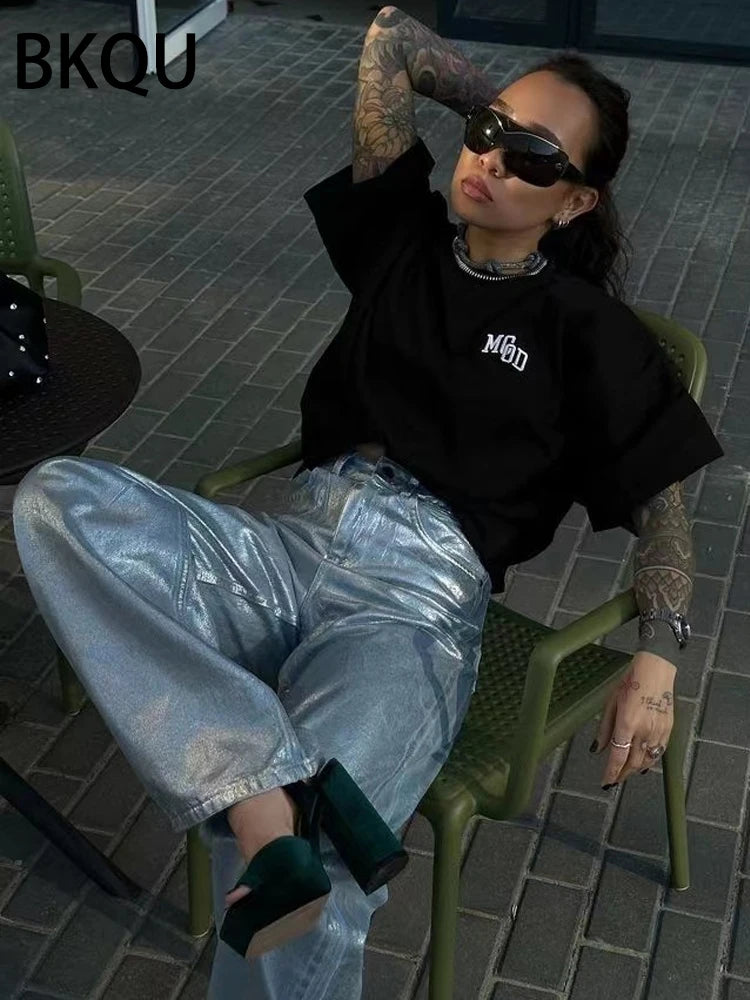 American Silver High Waist Wide Leg Jeans For Women Summer Chic Metallic Shiny Straight Baggy Denim Pants All-match Trouser Light blue