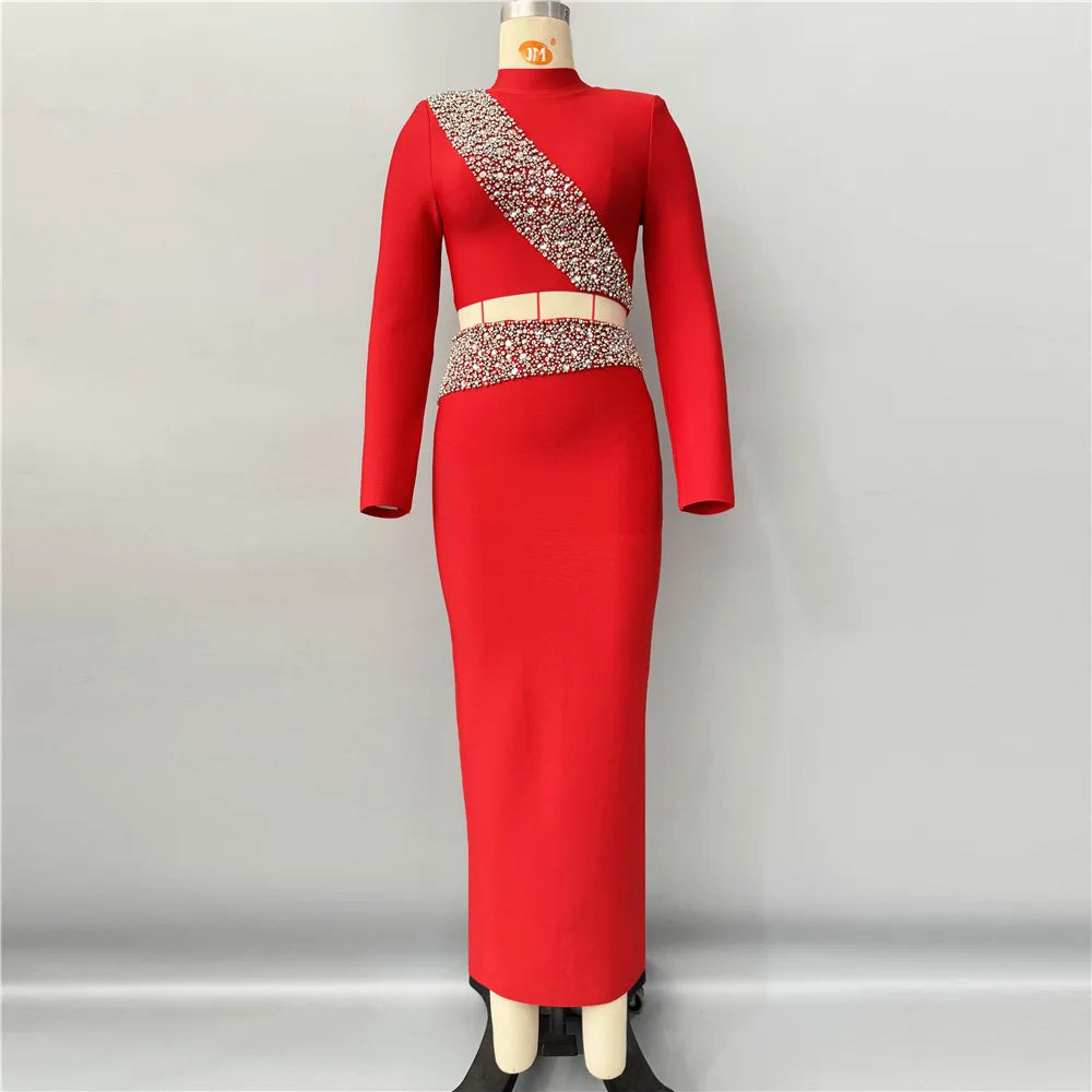 Black Red Women Long Sleeve Shinning Diamond 2 Pieces Bodycon Bandage Long Dress Elegant Normal Evening Party Outfit