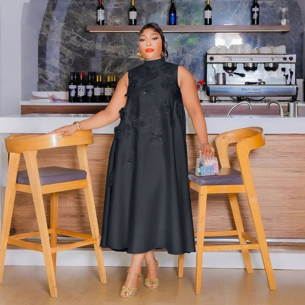 CM.YAYA Elegant Women Sleeveless Loose 3D Flower O-neck Dress 2025 Summer Bodycon African Street Midi Maxi Long Dresses Vestidos