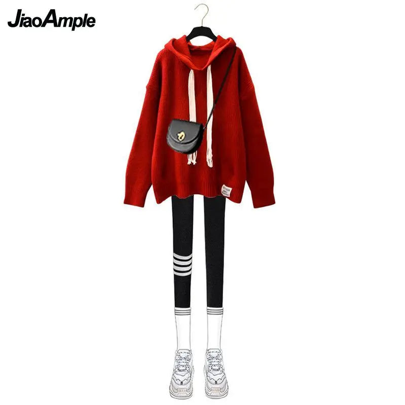 Women's Autumn Winter New Loose Knitted Hoodie Shark Pants Two Piece Korean Elegant Pullover Matching Set Female Clothing Suit
