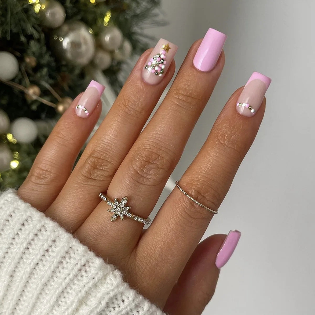 24Pcs Nude Pink Color Fake Nails Women Christmas Party Ballet Press On Nails White French Acrylic False Nails 3D Bowknot Decor