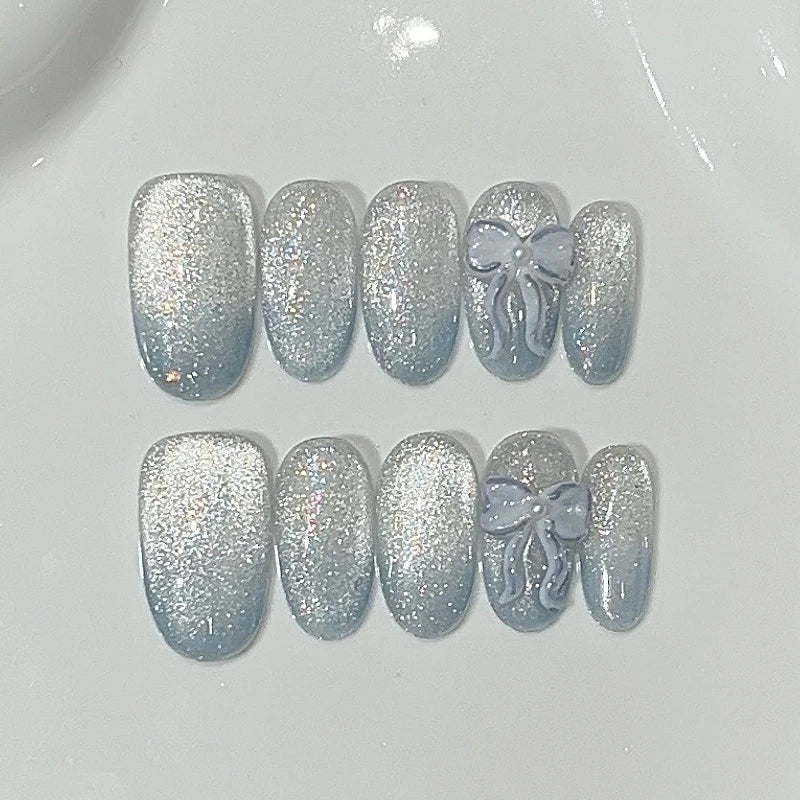 10Pcs Spring Pink Cat Eye Press on Nails with 3D Flower Small Diamond Fashion Set Pearl Chain Nail Tips Detachable Oval Nail Art