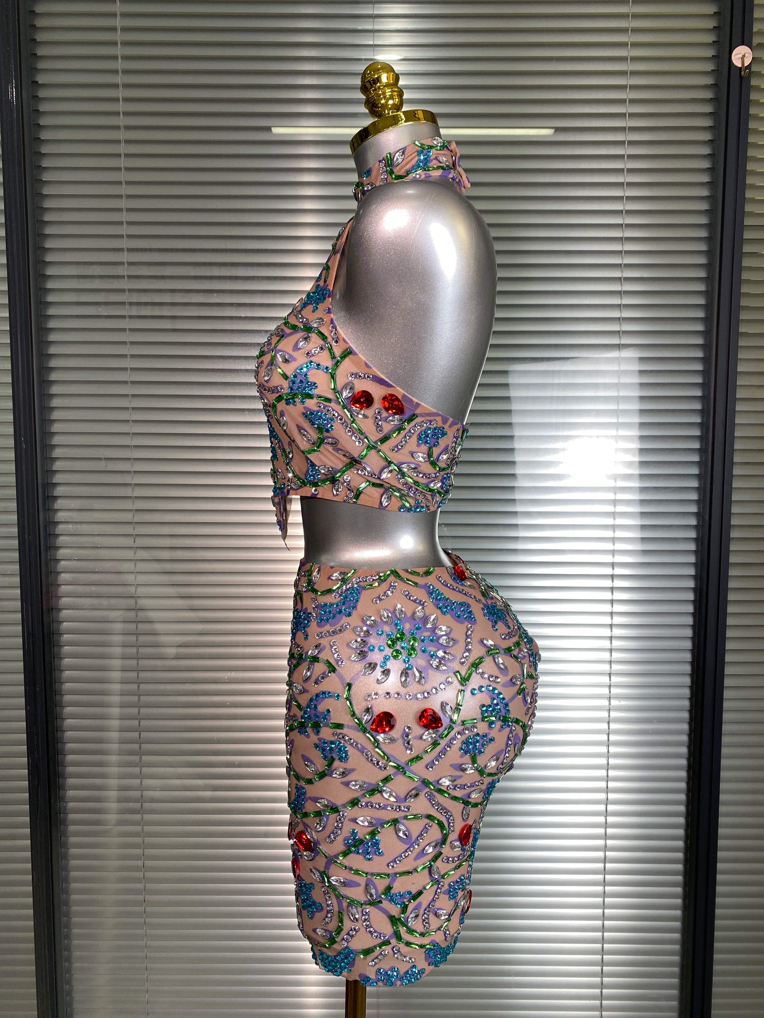 New Women Sexy Two Pieces Set Crystal Diamond Halter Skirt Suits Singer Dancer See Through Stage Performance Costume