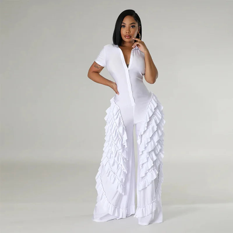 CM.YAYA Fashion Women Mult Ruffles Short Sleeve Zipper Fly Wide Leg Shirt Jumpsuit 2024 Streetwear Romper One Piece Set Playsuit