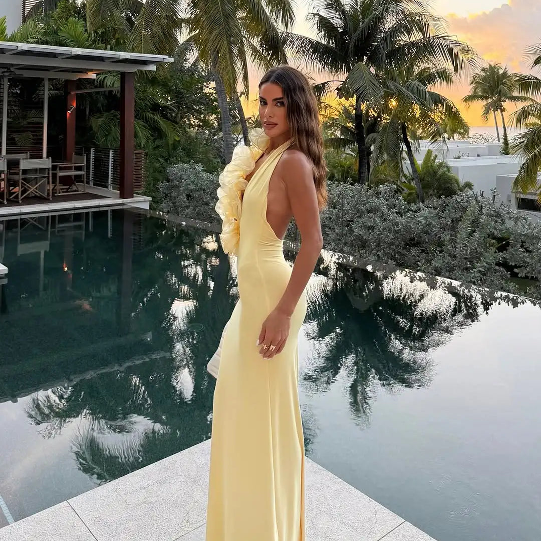 Arrival Celebrity Fashion Birthday Party Cocktail Dress Women Sexy Halter Backless Florals Bodycon Long Outfit Wholesale