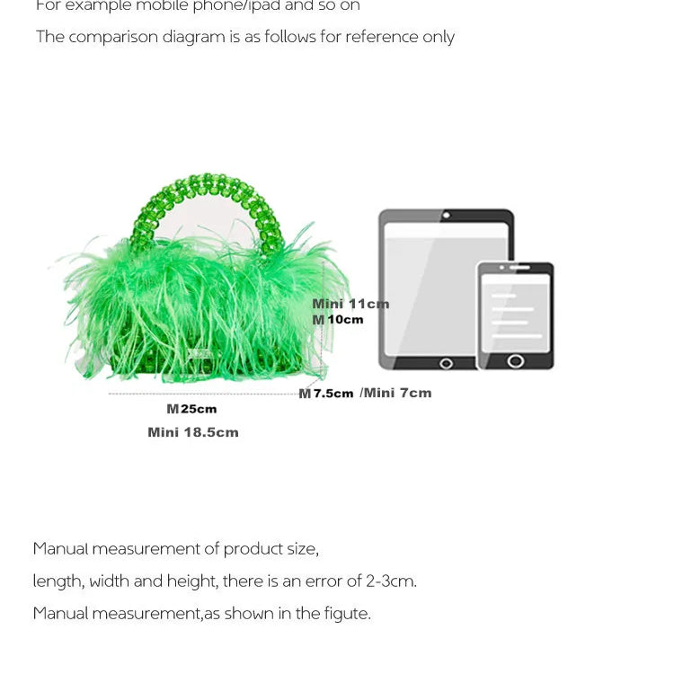 Pearl Bead Bag With Ostrich Feather Fur Designer Brand Clear Acrylic Crystal Stone Box Tote Handbag Women Handmade Party Purse