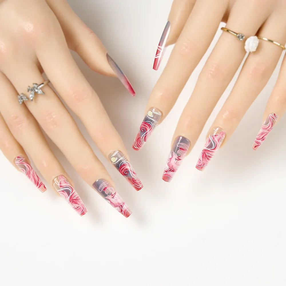 10Pcs/set Lucky Nine-tailed Fox Printed Chinese Style False Nails Long Press-on Acrylic Fakes Nails Adhesive Unique Design
