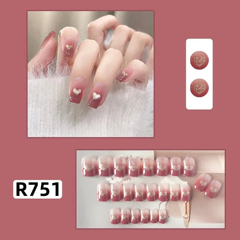24Pcs/set French Gold Border Nail Elegant&Trendy Wearable Nails for Women Girl New Edition Removable Nail