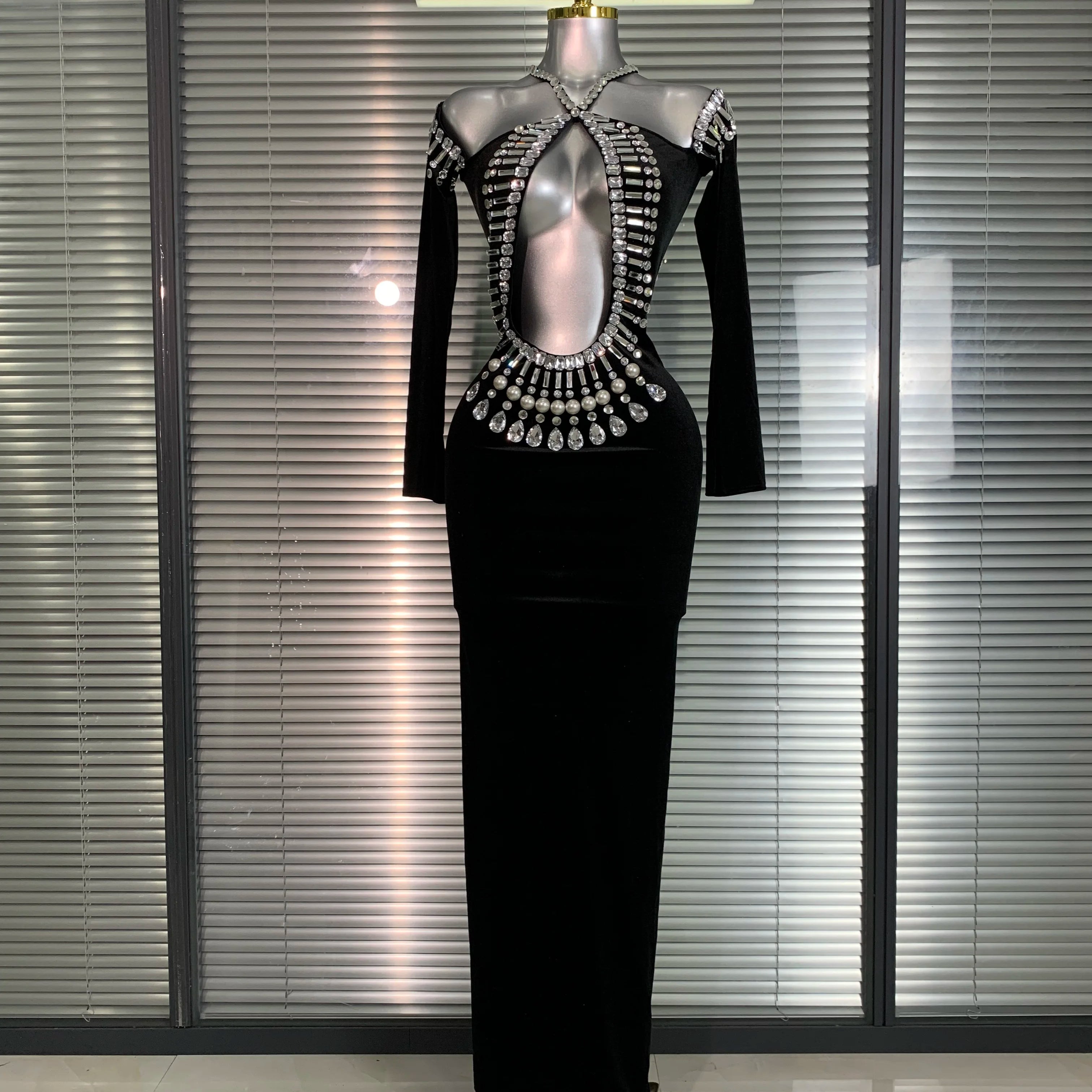 INS New Women Sexy Velvet Stretched Crystal Diamonds Rhinestones Maxi Dress Night Club Party Singer Stage Costume