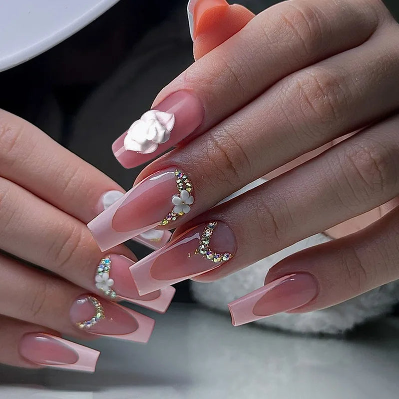 24Pcs French Pink Press on Nails Short Square Head Fake Nails with Flower Rhinestone Design Wearable Finished False Nail Tips
