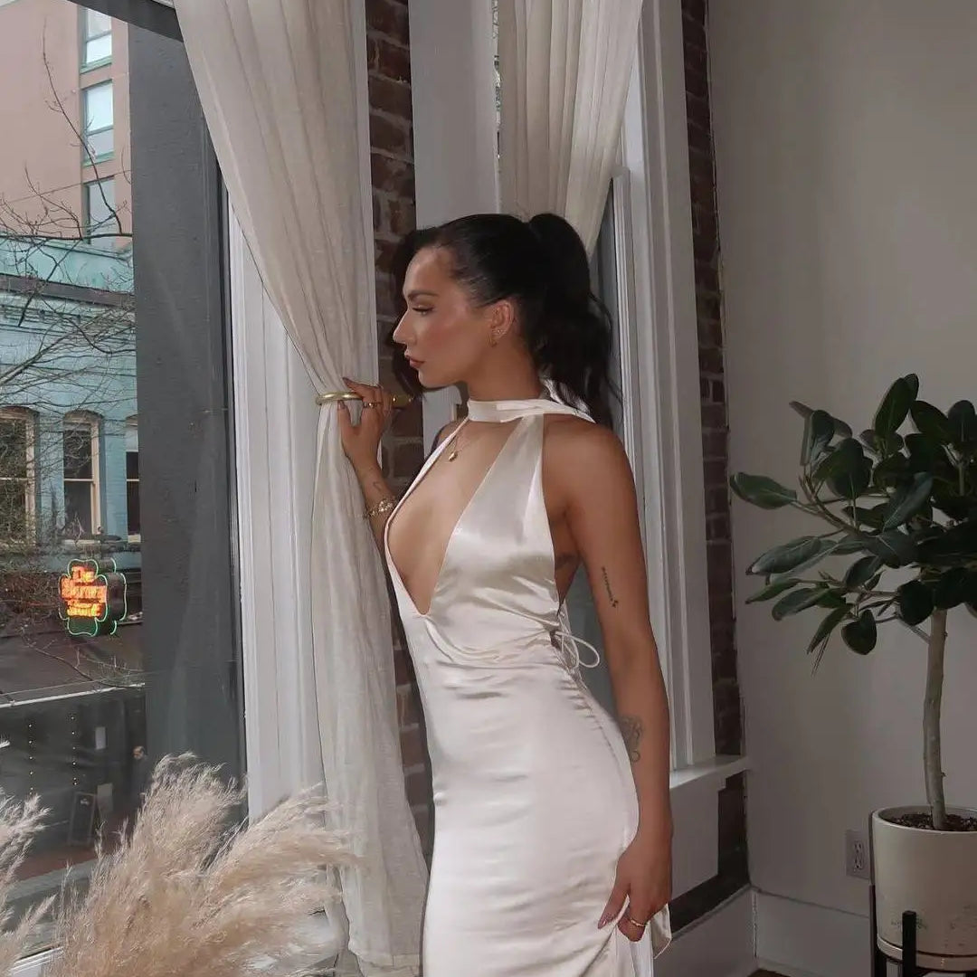 Articat Sexy Sleeveless Satin Open Back Dress For Women Deep V Lace Up Slim Fit Evening Dress Female Elegant Party Club Vestidos WHITE