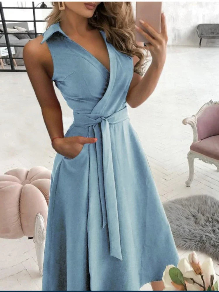 Elegant Chic Shirt Dress Summer New Fashion Sleeveless Sexy Dress V-neck Buttock Dress for Women Office Ladies Party Sundress SKY BLUE