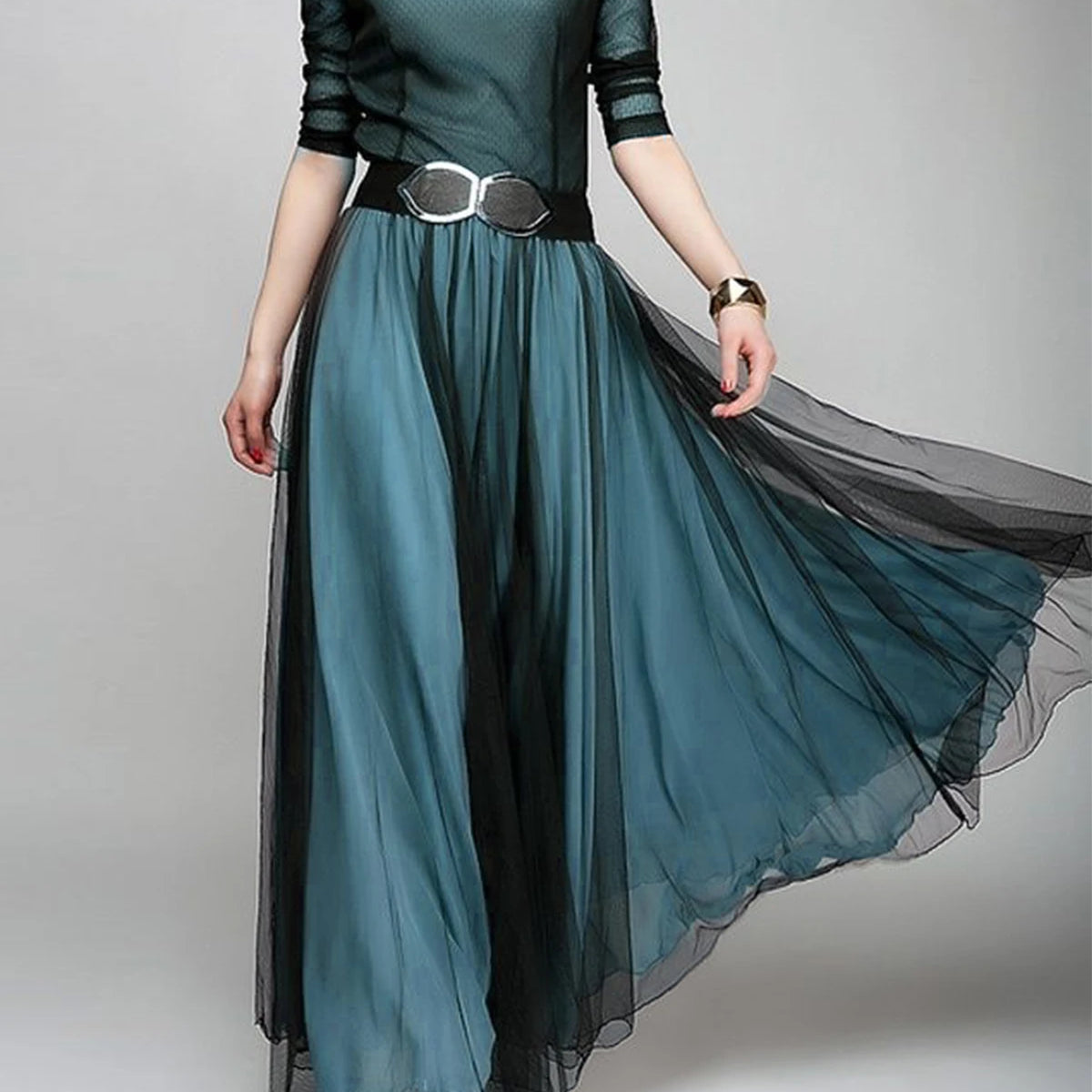 Women Plus Size Elegant Plain Boat Neck Dress Mesh Transparent Pleated A-Line Autumn Flowy Hem Wedding Guest Fashion Maxi Dress