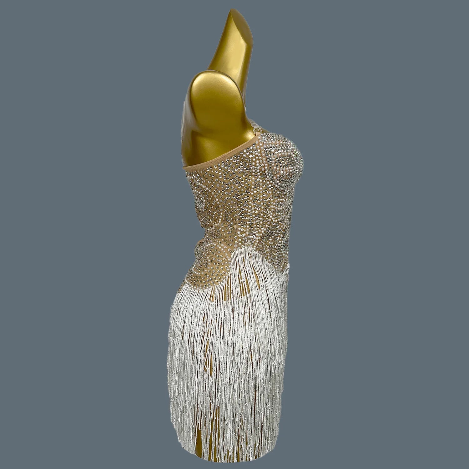 Pearls Rhinestone Strapless Tassel Mini Dress for Sexy Women Club Singer Show Dance Wear Birthday Party Carnival Dress Qiaqia