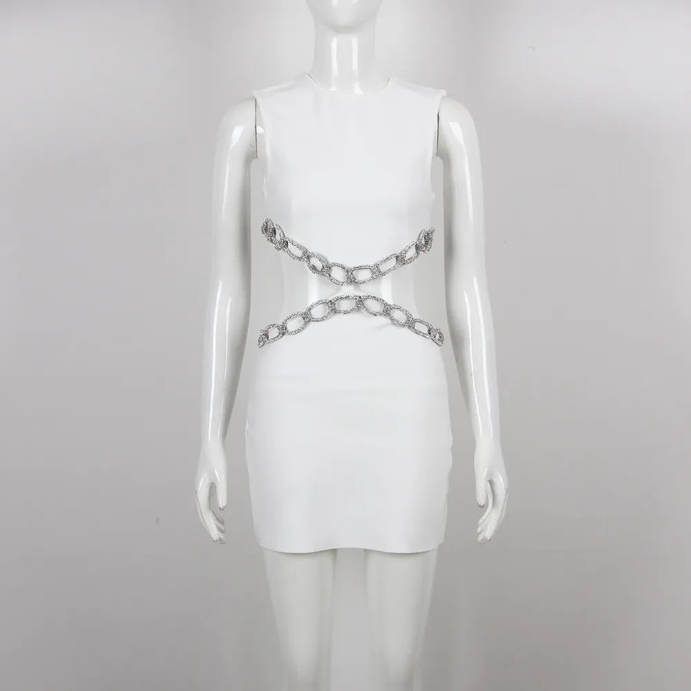Summer Women'S Sexy Backless Cut-Out Diamond Luxury Black Tight Mini Dress Elegant Evening Club Party Dress WHITE