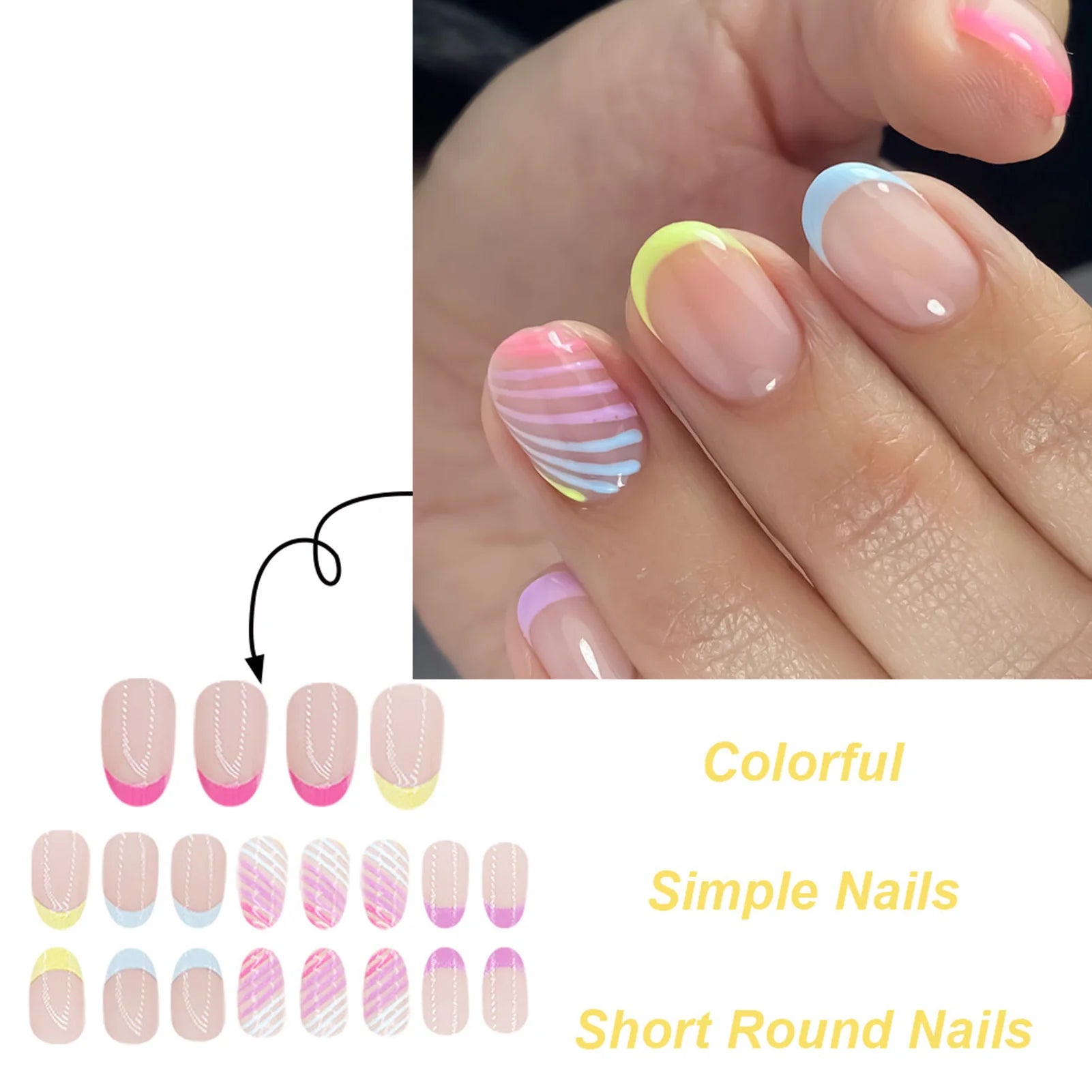 24PCS Colorful French False Nails Diagonal Stripe Design Short Round Fake Nails Elegant Press On Nail Tips for Women Girls