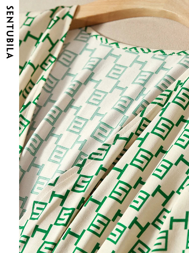 Elegant Print Summer Dress for Women Fashion A Line V-Neck Lace Up Slim Puff Sleeve Ladies Midi Wrap Dresses