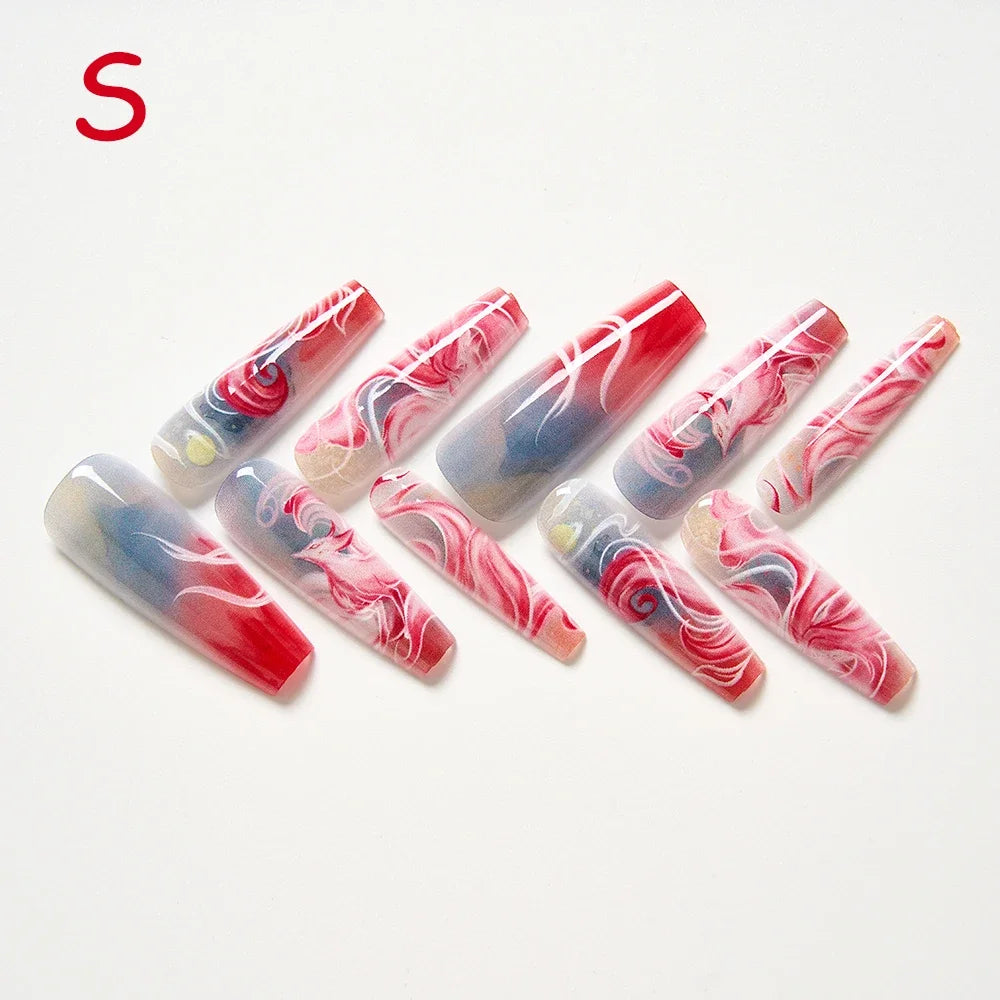 10Pcs/set Lucky Nine-tailed Fox Printed Chinese Style False Nails Long Press-on Acrylic Fakes Nails Adhesive Unique Design