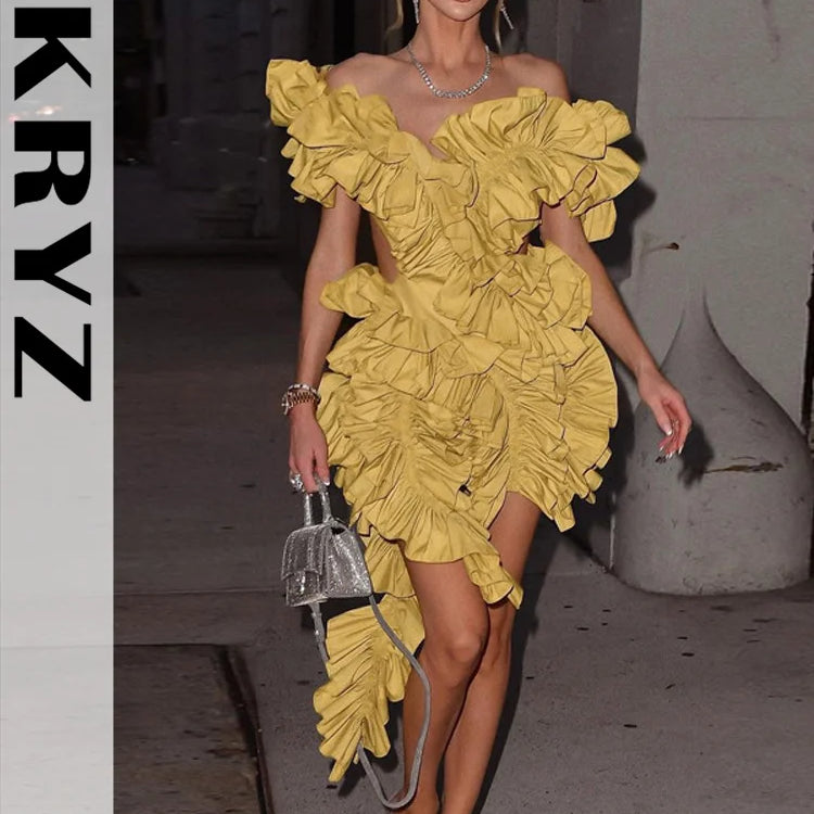 Ladies Autumn Sleeveless V-Neck Backless Sexy Birthday Party Mini Dresses For Women Ruffle New Fashion Clubwear Y2K Baddie Dress