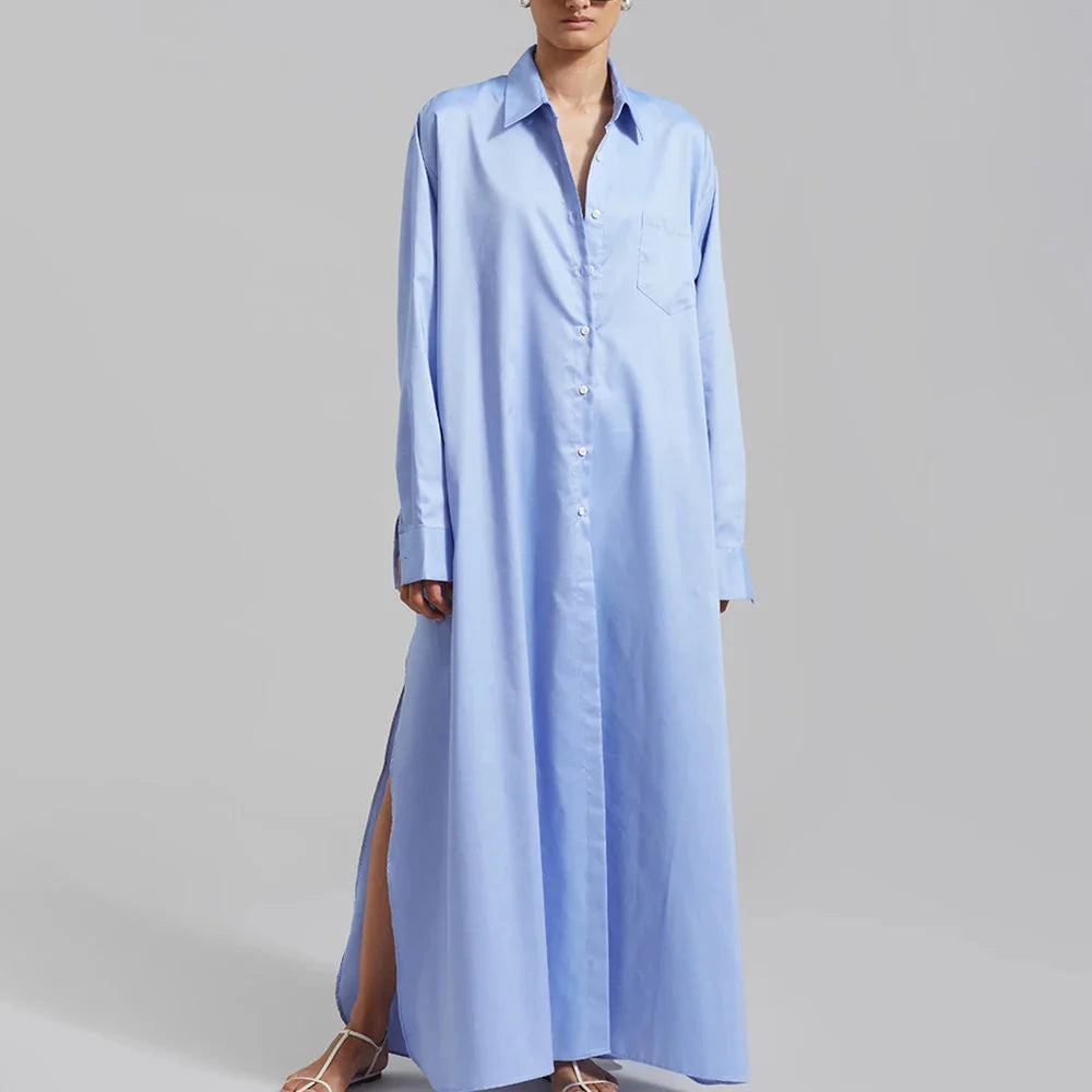 Solid Minimalist Split Dresses For Women Lapel Long Sleeve High Waist Patchwork Single Breasted Loose Dress Female