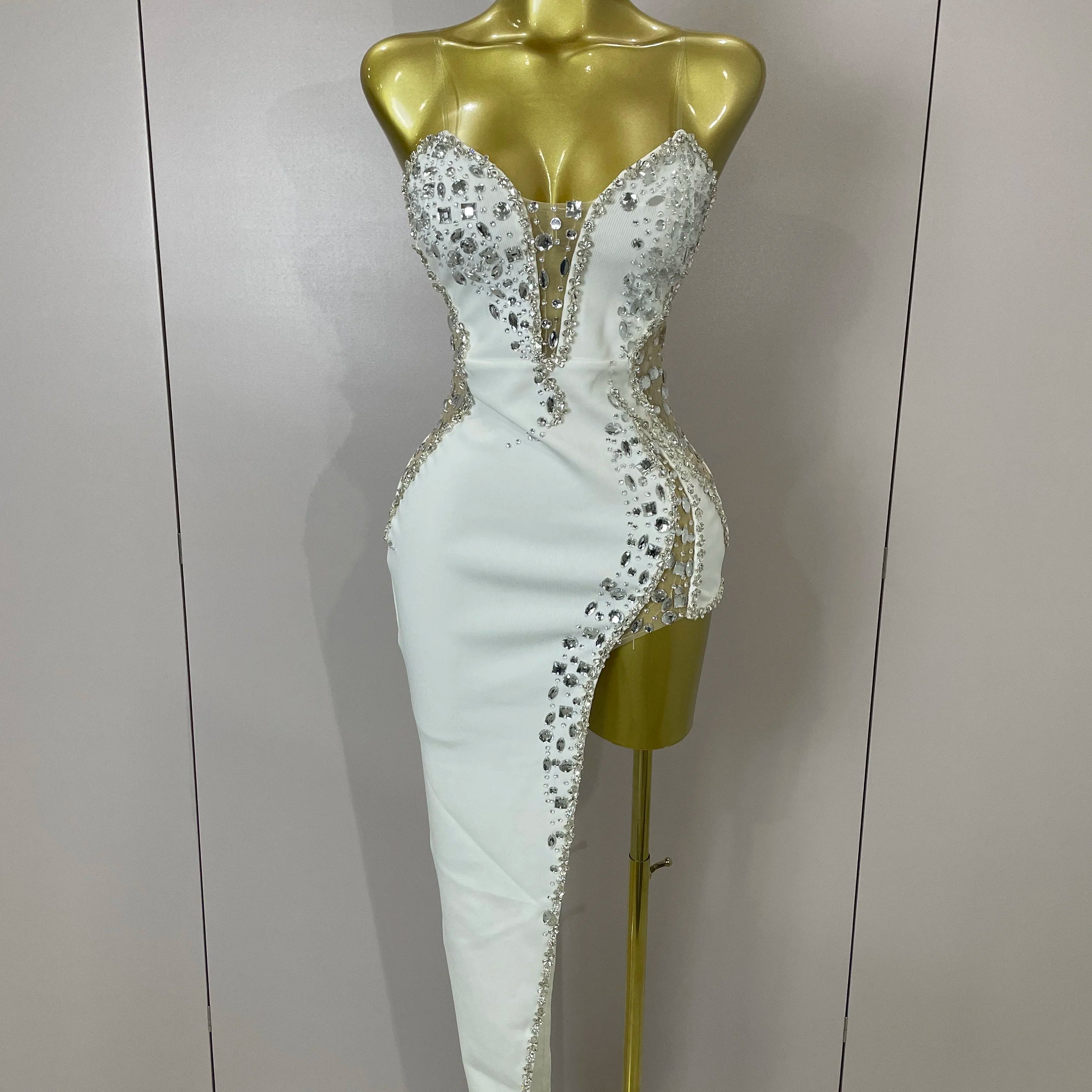Newest High Quality Sexy Strapless Shinning Rhinestones Bodycon Bandage Long Dress Women Fashion Celebrate Evening Party Vestido