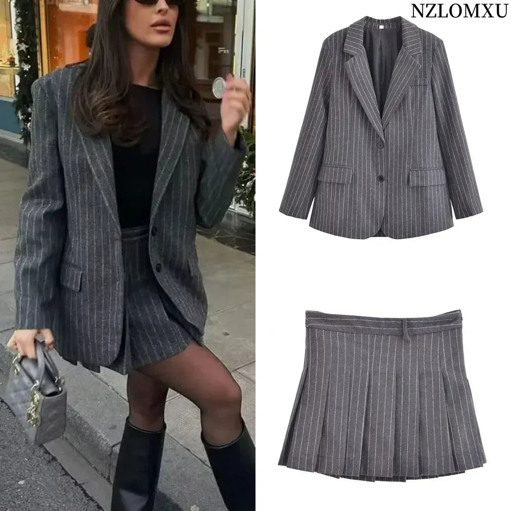 Spring Women Pinstripe Pleated Mini Skirt Sets For Women 2 Pieces Blazer Coat Women Suits New Two Piece Women Outfit