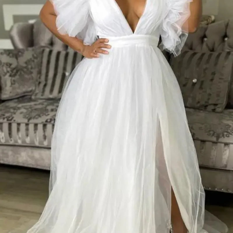 CM.YAYA Women Cascading Ruffles Shoulder High Side Split Mesh Patchwork Maxi Long Dress 2023 sexy even Party Vestidos Dresses