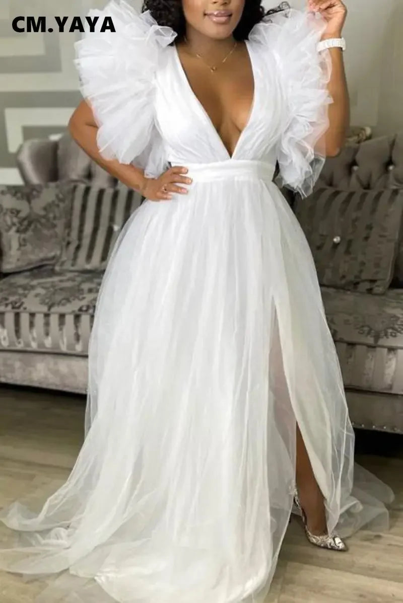 CM.YAYA Women Cascading Ruffles Shoulder High Side Split Mesh Patchwork Maxi Long Dress 2023 sexy even Party Vestidos Dresses