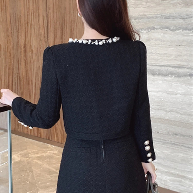 Autumn Luxury Style Tweed Sets For Women's Fashion Diamonds Pearls Beaded Short Coat + Split Mini Skirts Elegant Two-piece Suit