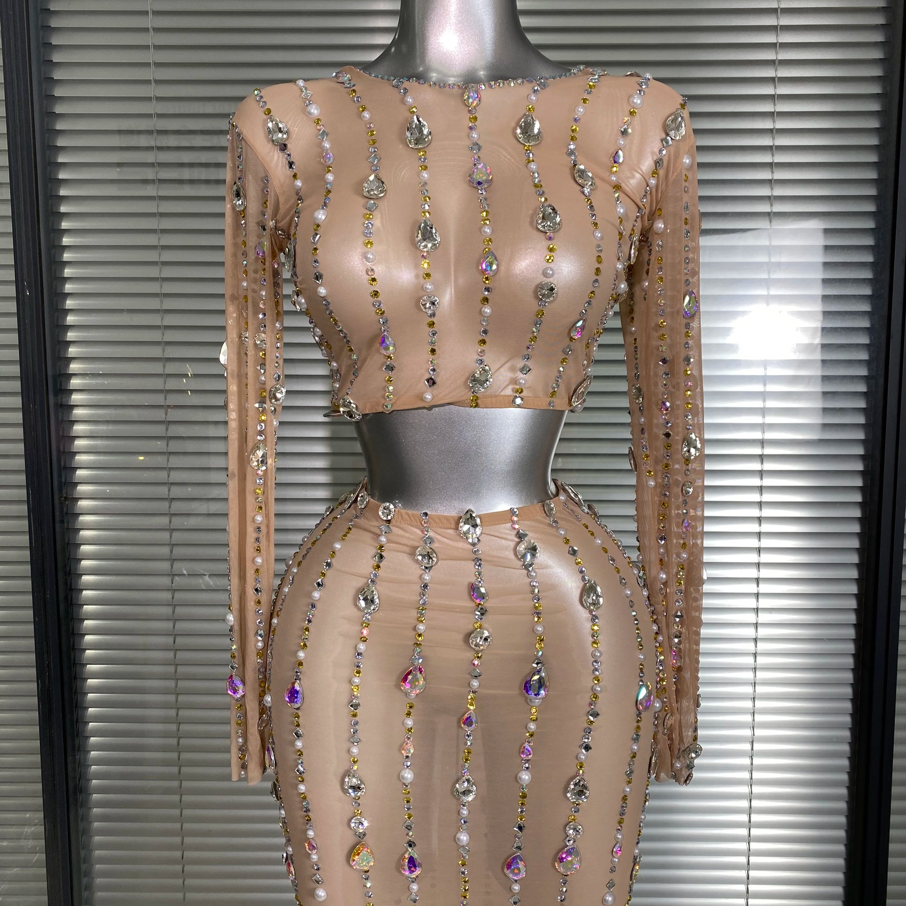 New Sexy Two Pieces Set Women Celebrity Crystal Diamond Night Club Skirt Suits Singer Dancer Tassel Stage Performance Costume