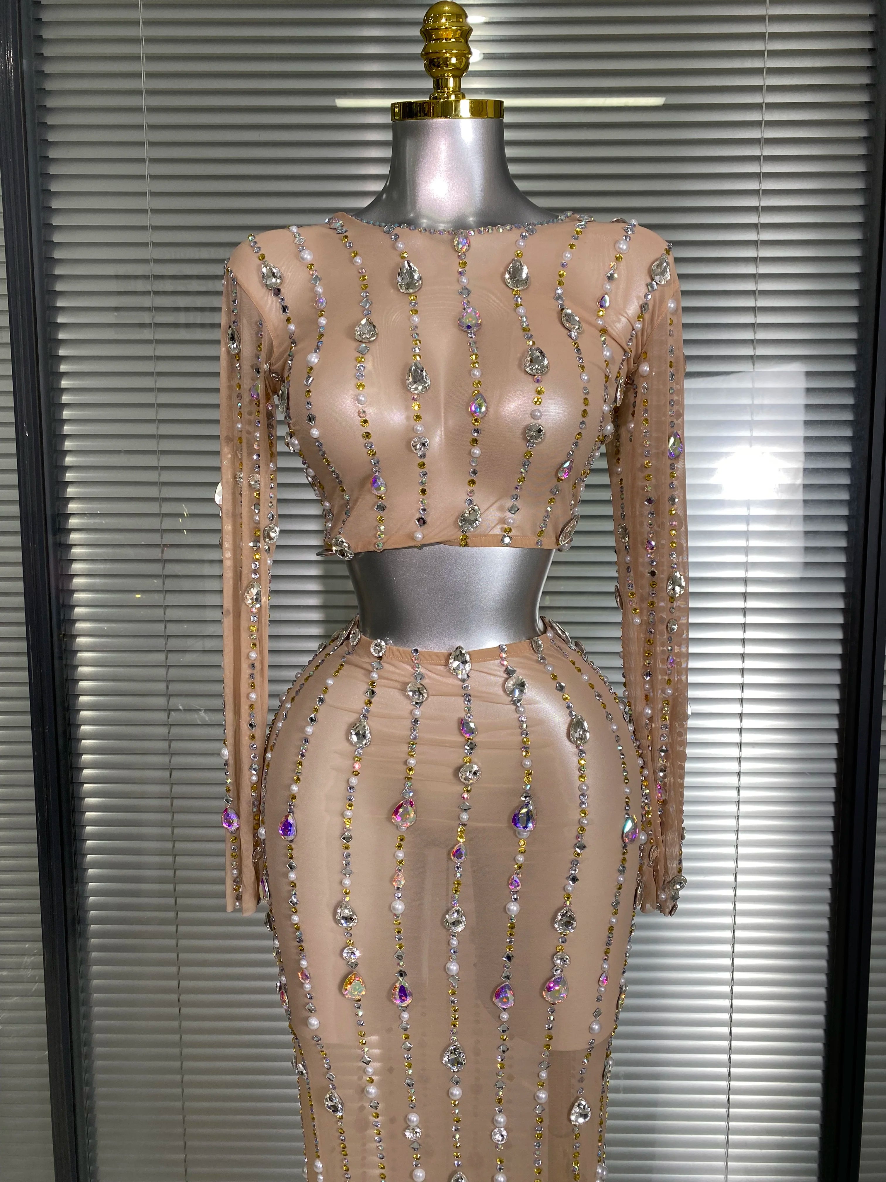 New Sexy Two Pieces Set Women Celebrity Crystal Diamond Night Club Skirt Suits Singer Dancer Tassel Stage Performance Costume