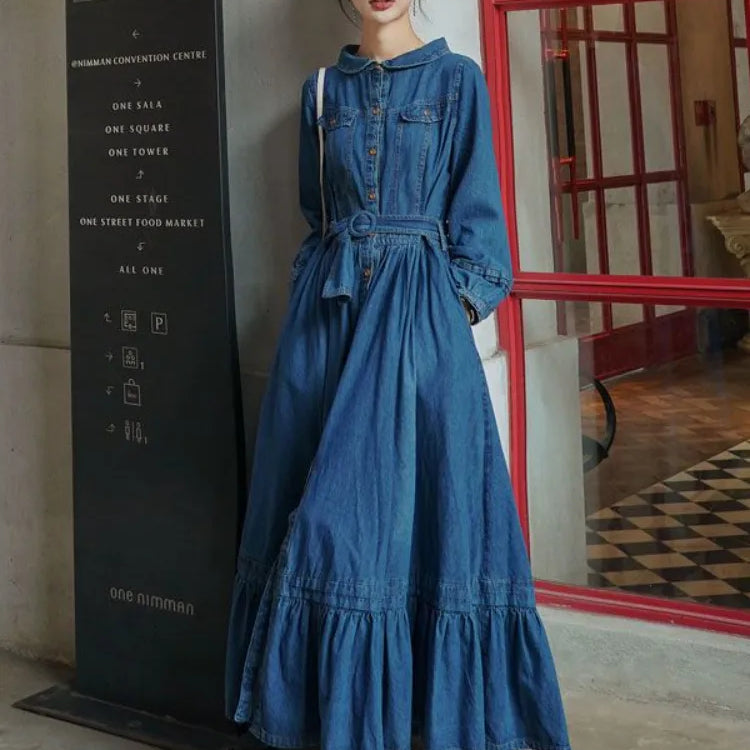 Dresses for Women Autumn Winter Fashion Versatile Women's Clothing French Retro Denim Robe Solid Large Skirt Hem Long Dress