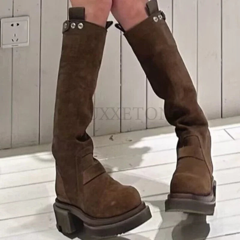 Fashion Women Boots Spring Winter Thick-soled Knee-high Suede Long Comfort Round Toe Botines Mujer Knight Boots