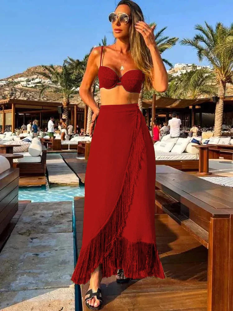 Sexy 3Pcs Bikini Set With Skirt Women Swimsuit Tassel Long Skirt Bathing Suit Beachwear Summer Trend Female Swimwear Dress PI23371R1
