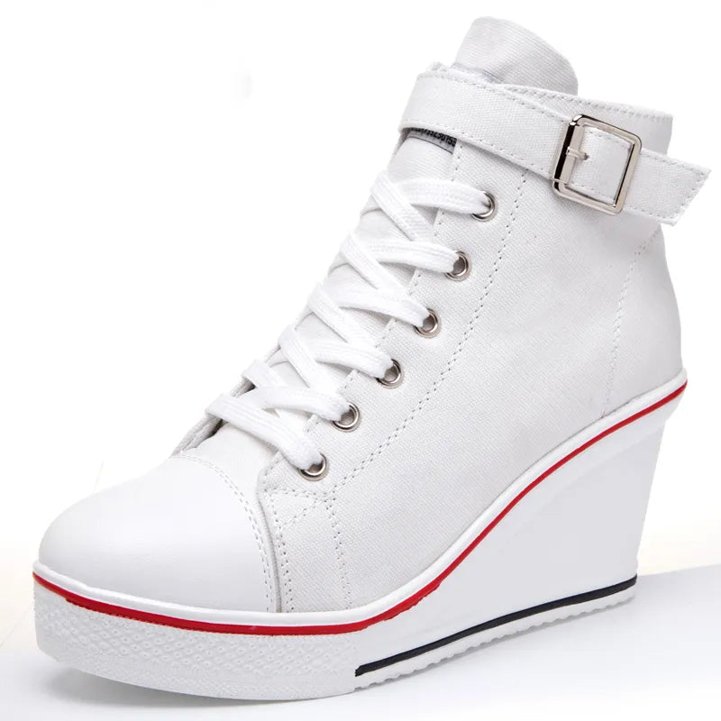 High Top Canvas Women Wedge Shoes Women's Denim Ankle Lace Up Ladies Ankle Canvas Shoes Woman 8cm Heels Sneakers WHITE