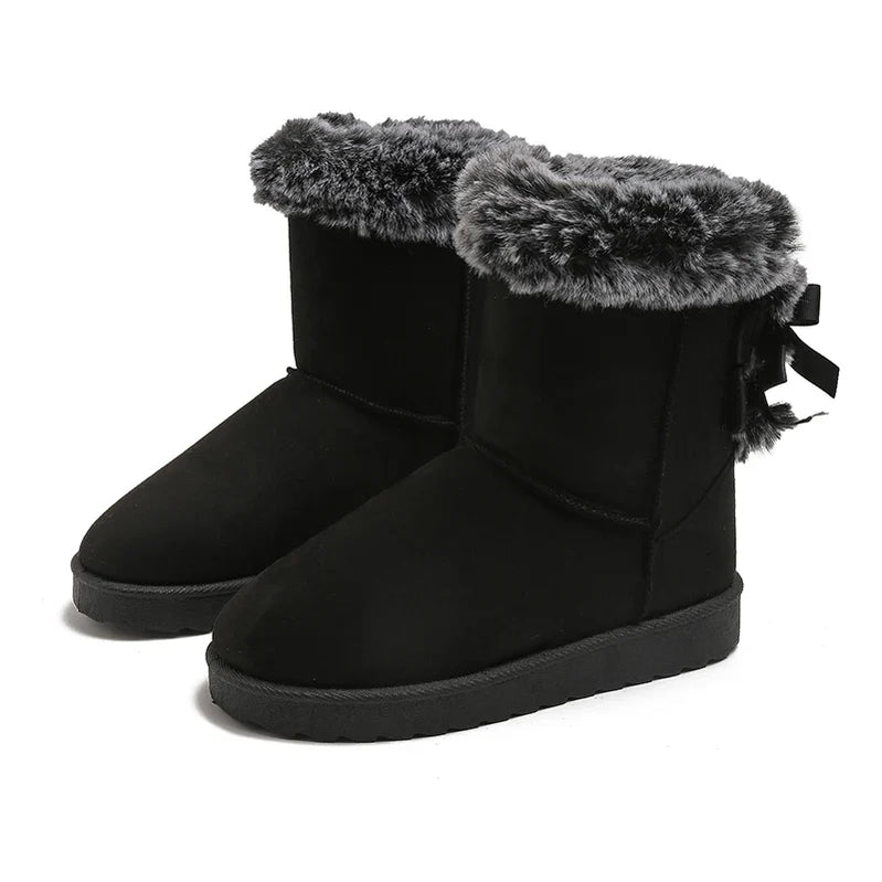 Bowknot Boston Boots Snow Boots Winter New Cashmere Double Bow Warm Thick Soles Cotton Shoes for Women Women Boston Boots Shoes Black
