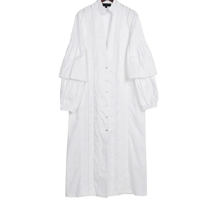 XITAO White Irregular Pleated Dress Women Clothes Spring New Stand Collar Puff Sleeve Personality Dress ZY3560 white dress ZY3560