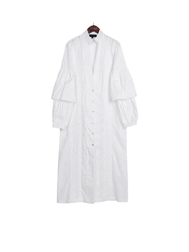 XITAO White Irregular Pleated Dress Women Clothes Spring New Stand Collar Puff Sleeve Personality Dress ZY3560 white dress ZY3560