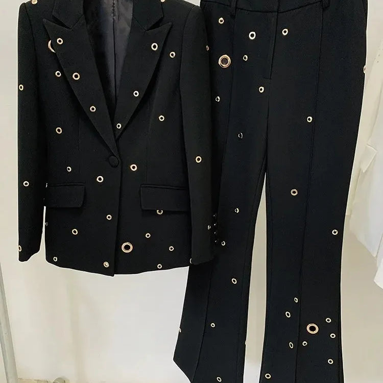 TWOTWINSTYLE Casual Hollow Out Two Piece Sets For Women Notched Collar Long Sleeve Blazer High Waist Pant Loose Set Female Style