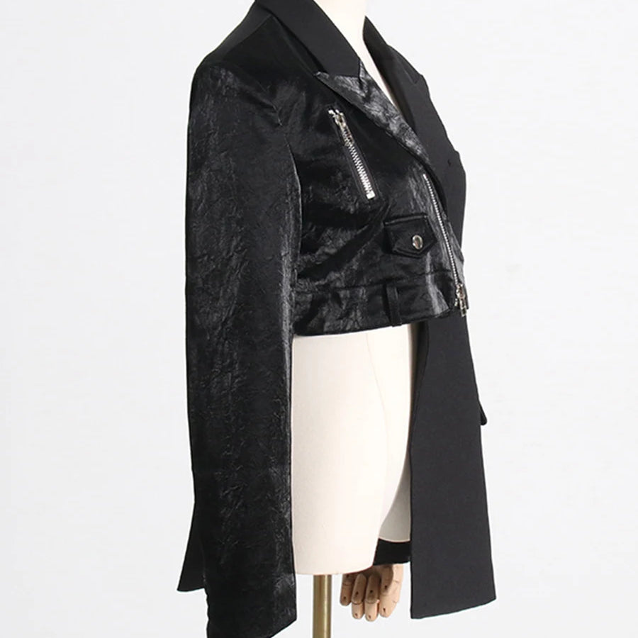 TWOTWINSTYLE Solid Spliced Zipper Irregular Jackets for Women Lapel Long Sleeves Patchwork Pockets Fshion Jacket Female Clothing