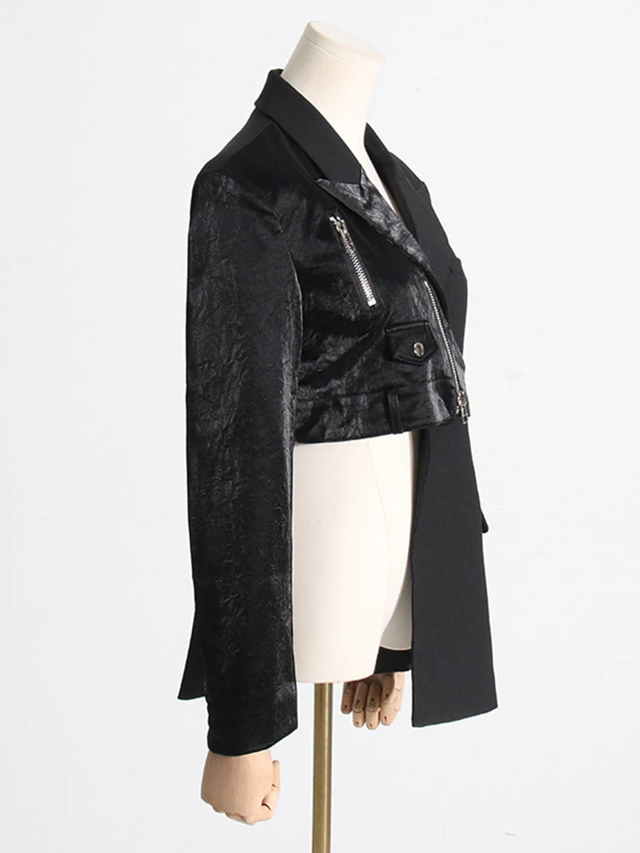 TWOTWINSTYLE Solid Spliced Zipper Irregular Jackets for Women Lapel Long Sleeves Patchwork Pockets Fshion Jacket Female Clothing